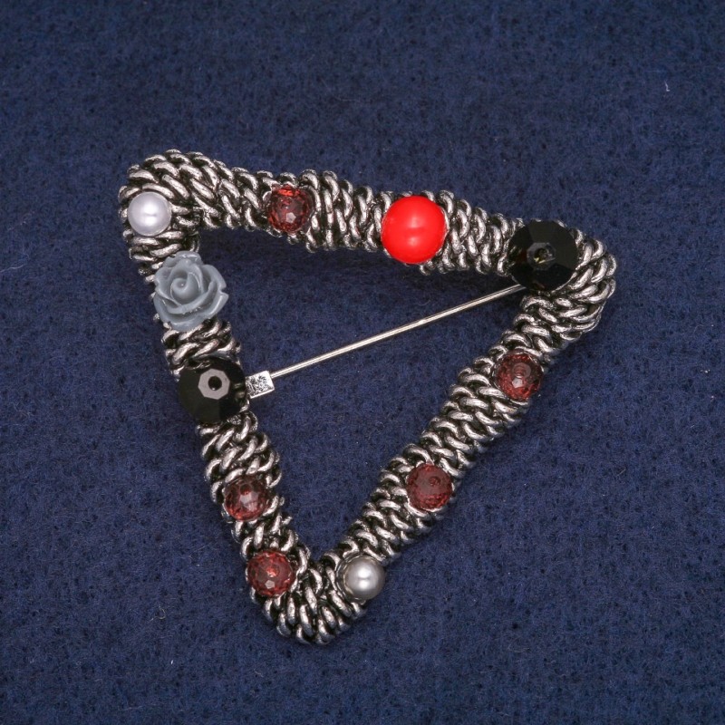 Broszka geometryczna z koralikami, szary metal, 42×47 mm