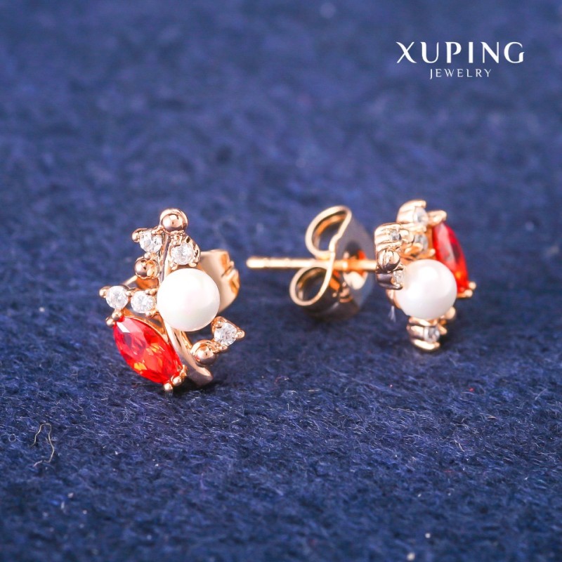 Kolczyki sztyfty Xuping z czerwonymi kryształami i perłami Majorki, średnica 8×13 mm, Pozłacanie 18K