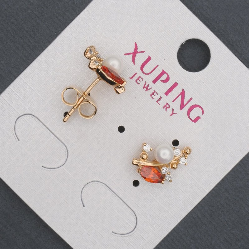 Kolczyki sztyfty Xuping z czerwonymi kryształami i perłami Majorki, średnica 8×13 mm, Pozłacanie 18K
