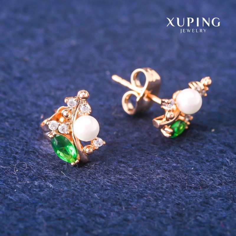 Kolczyki sztyfty Xuping z zielonymi kryształami i Perłą Majorką, średnica 8×13 mm Złocenie 18K
