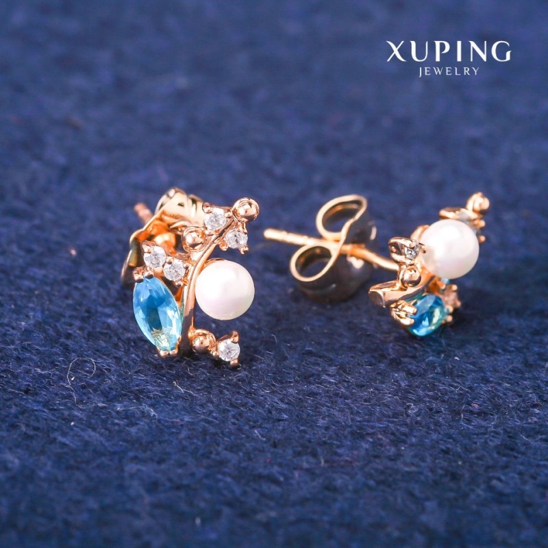 Kolczyki sztyfty Xuping z błękitnymi kryształami i perłą Majorki, średnica 8x13 mm, pozłacane 18K