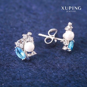 Kolczyki sztyfty Xuping z błękitnymi kryształami i Perłą Majorki, średnica 8×13 mm, rhodiowane