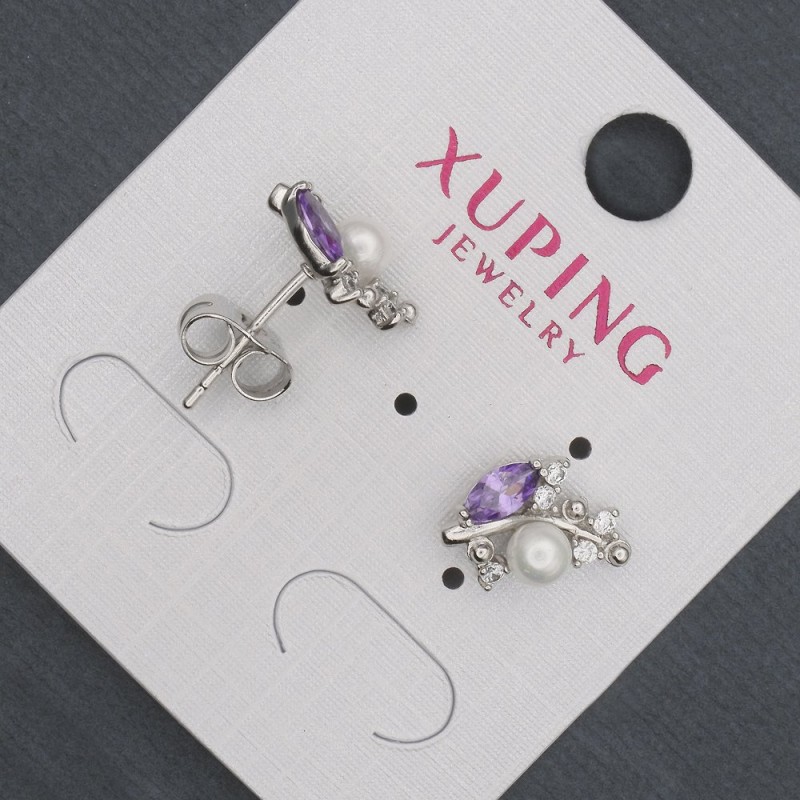 Kolczyki sztyfty Xuping z fioletowymi kryształami i perłami Majorki, o średnicy 8×13 mm, rodowane