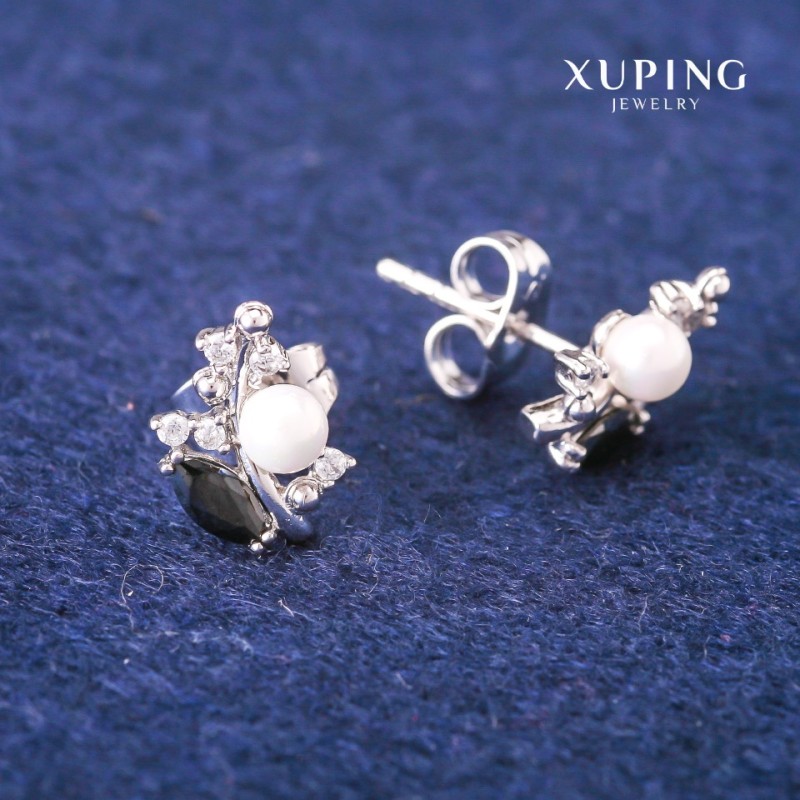 Kolczyki wkrętki Xuping z czarnymi kryształami i perłami Majorki, średnica 8×13 mm, rodowane