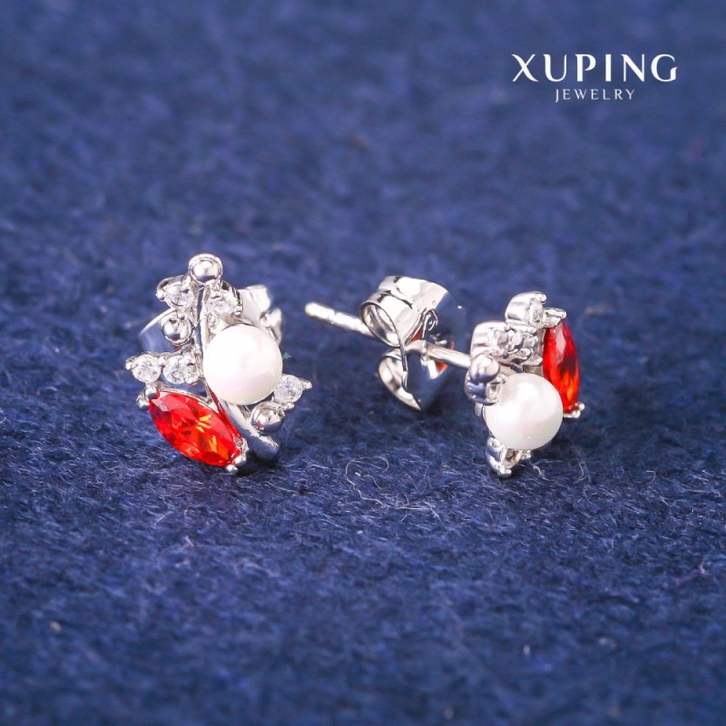 Kolczyki sztyfty Xuping z czerwonymi kryształami i perłami Majorki, średnica 8×13 mm, rodowane