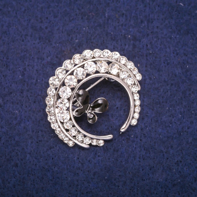 Broszka w kształcie motyla z czarną emalią i białymi cyrkoniami, srebrzysty metal 32×34 mm