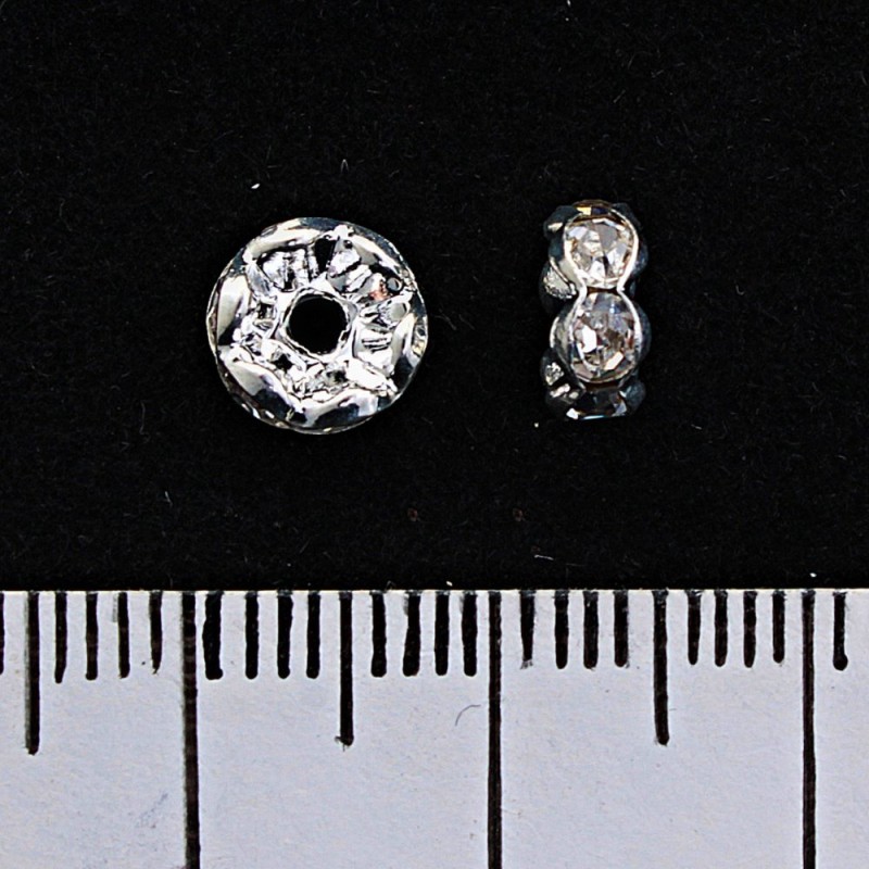 Rozdzielnik rondel z białymi cyrkoniami, kolor metalu: srebrny, 7 mm, 100 szt./op.