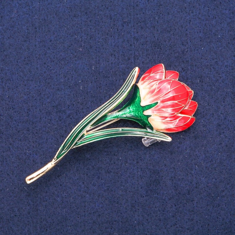 Broszka-kulon Kwiat z czerwonej i zielonej emalii, metal o złotym odcieniu 30×70 mm