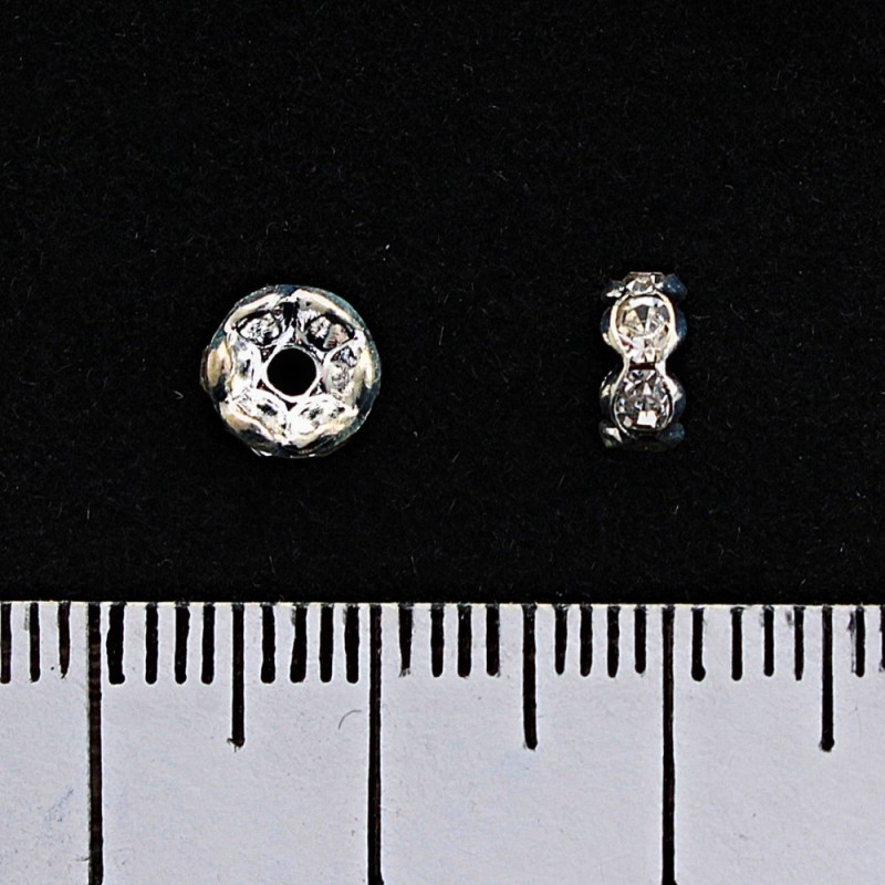 Rozdzielacz rondel z białymi cyrkoniami, kolor metalu: srebrny, 5 mm, opakowanie 100 szt.