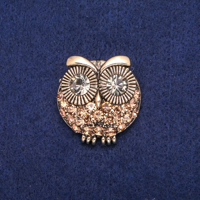 Broszka Sowa z żółtymi kryształami, złocisty metal 32×33 mm