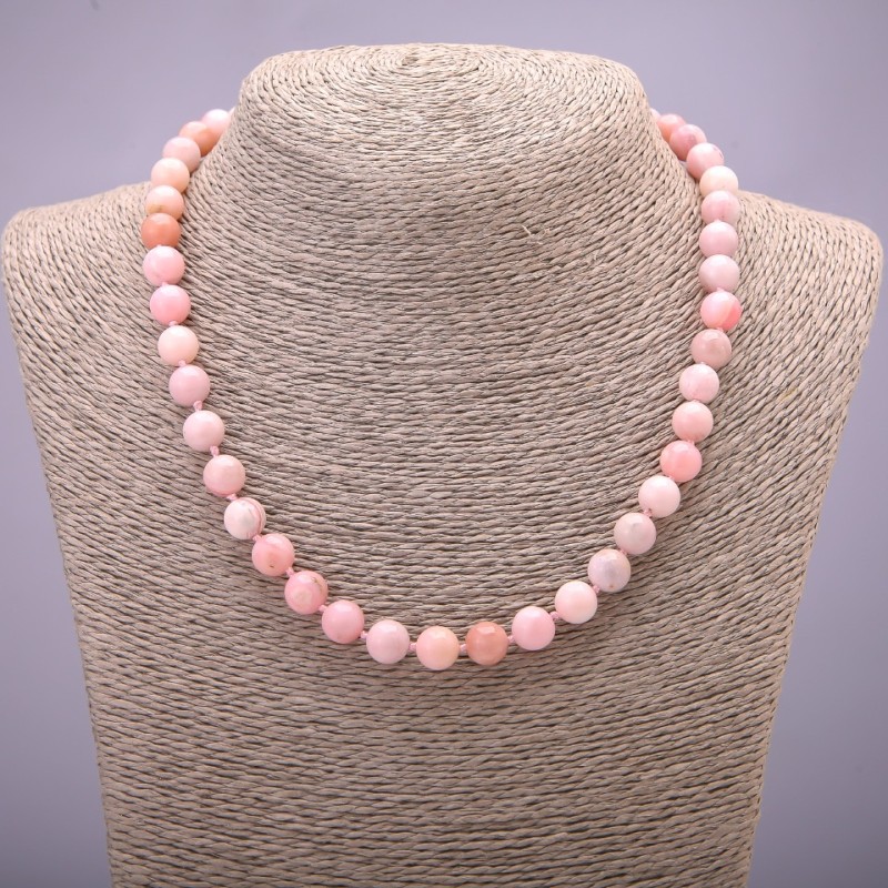 Naszyjnik z naturalnego kamienia – różowy opal, gładka kulka, średnica 8(±)mm, długość 45 cm