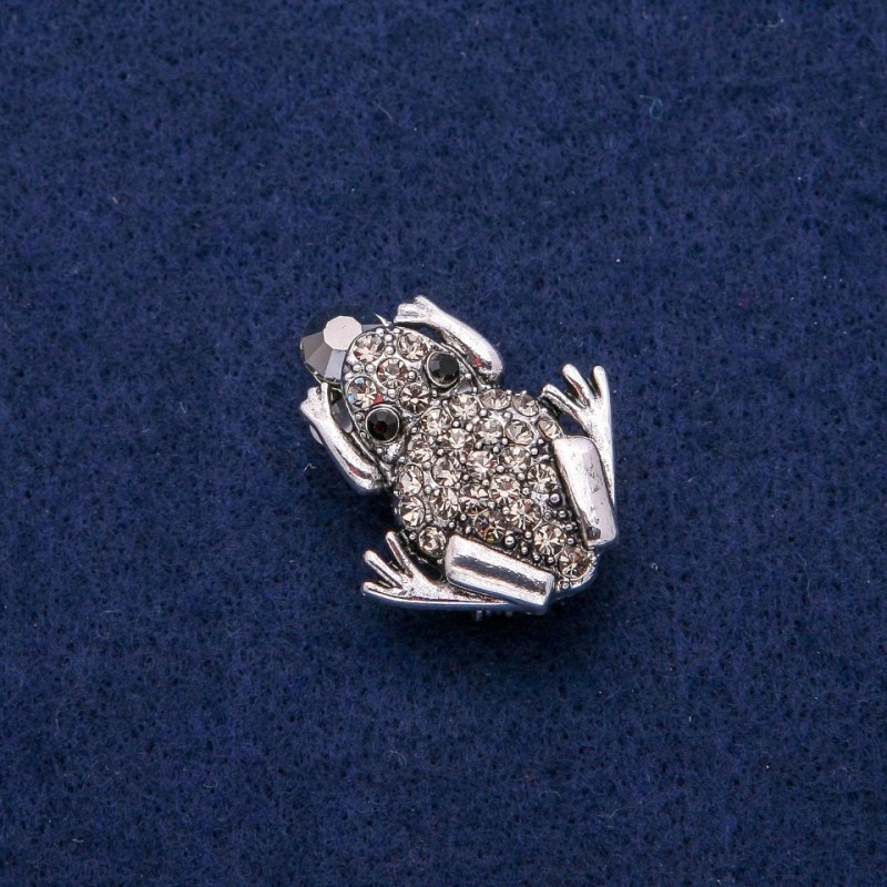Broszka-wisiorek Żaba z kryształami 27×32 mm, metal srebrny