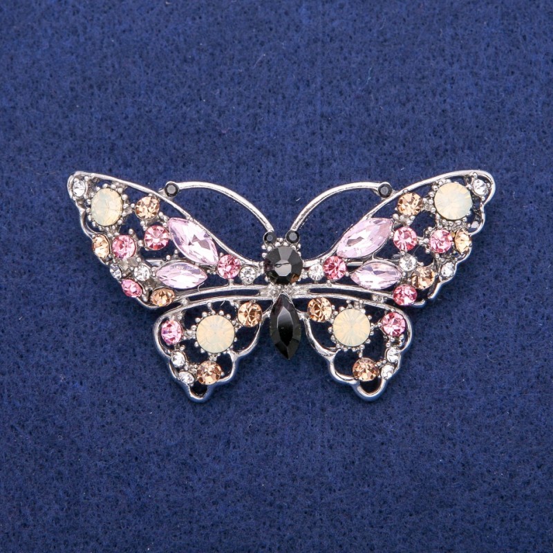 Broszka motyl w kryształach, 35×68 mm, metal srebrzysty