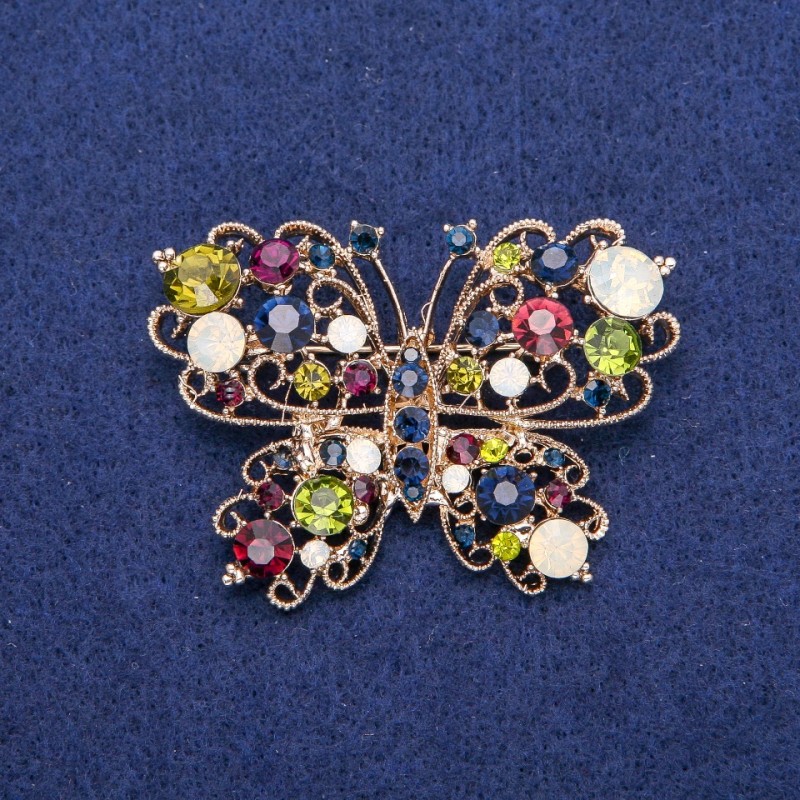 Broszka Motyl w kryształach 39×54 mm, metal złocisty