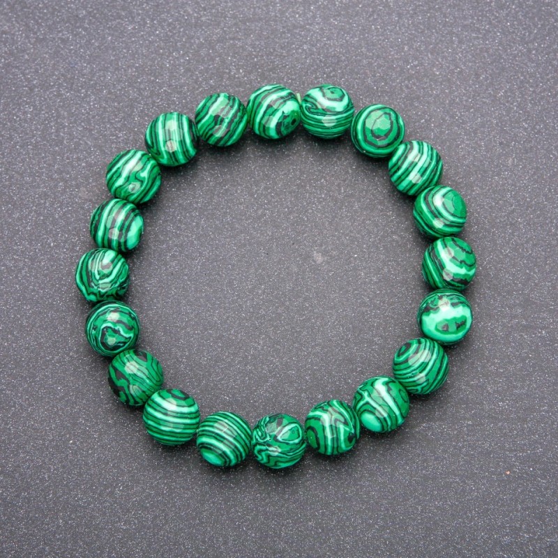 Bransoletka malachitowa z fasetowaną kulką, średnica 10 mm (±), długość 18 cm na gumce