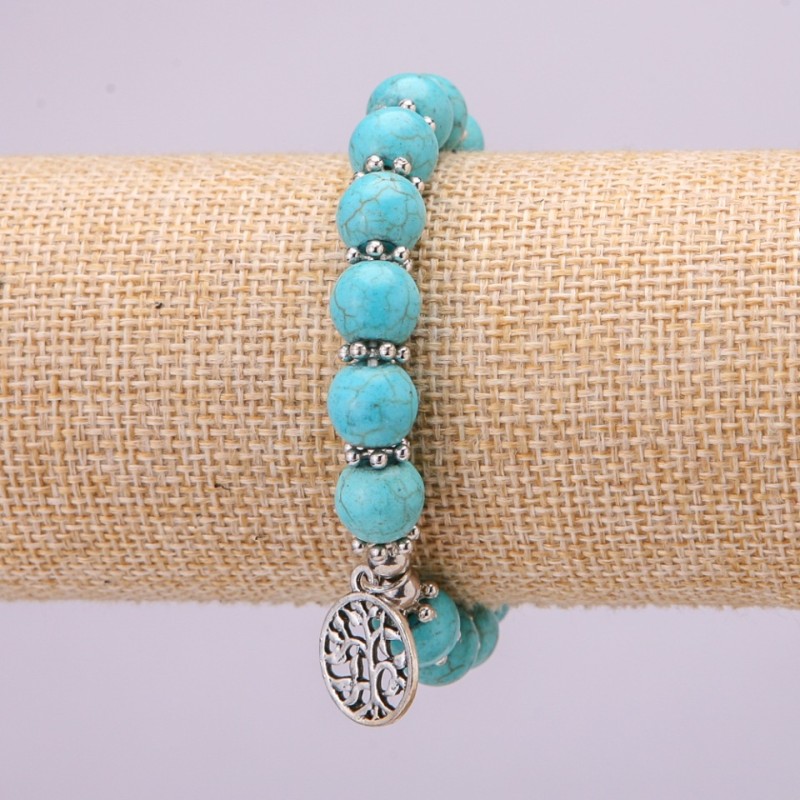 Bransoletka-amulet z turkusem z Niebieskim Okiem na gumce, średnica 10(±) mm, długość 18 cm z wstawkami i zawieszką Drzewo