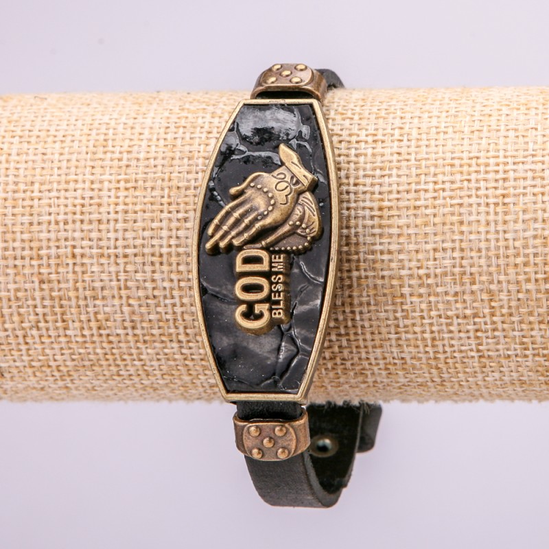 Bransoletka z metalowymi wstawkami, długość 16–24 cm, grubość 20 mm, ekoskóra, kolor czarny, na pasku