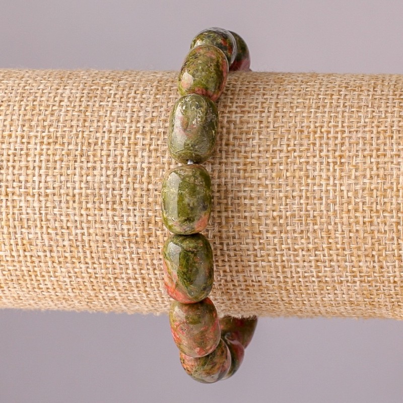 Bransoletka z jaspisu heliotropowego – naturalny kamień, koraliki w kształcie walców, 10×14 mm, obwód 18 cm