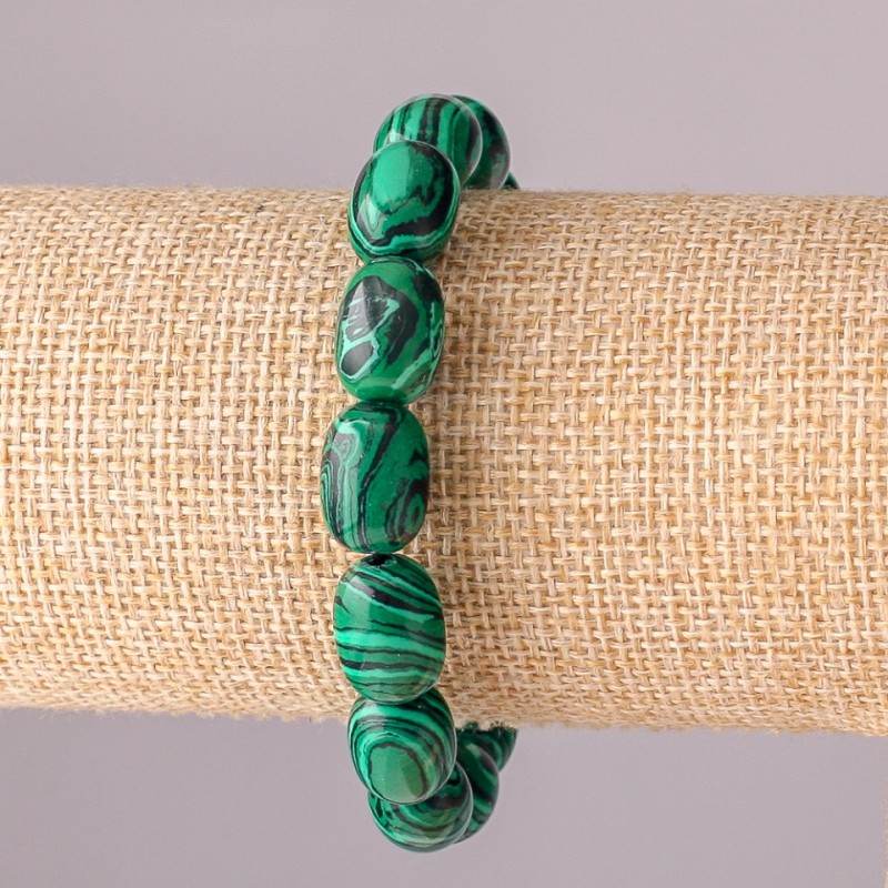 Bransoletka z malachitu w kształcie beczułki (prasowany) na gumce 10×14 mm, długość 18 cm