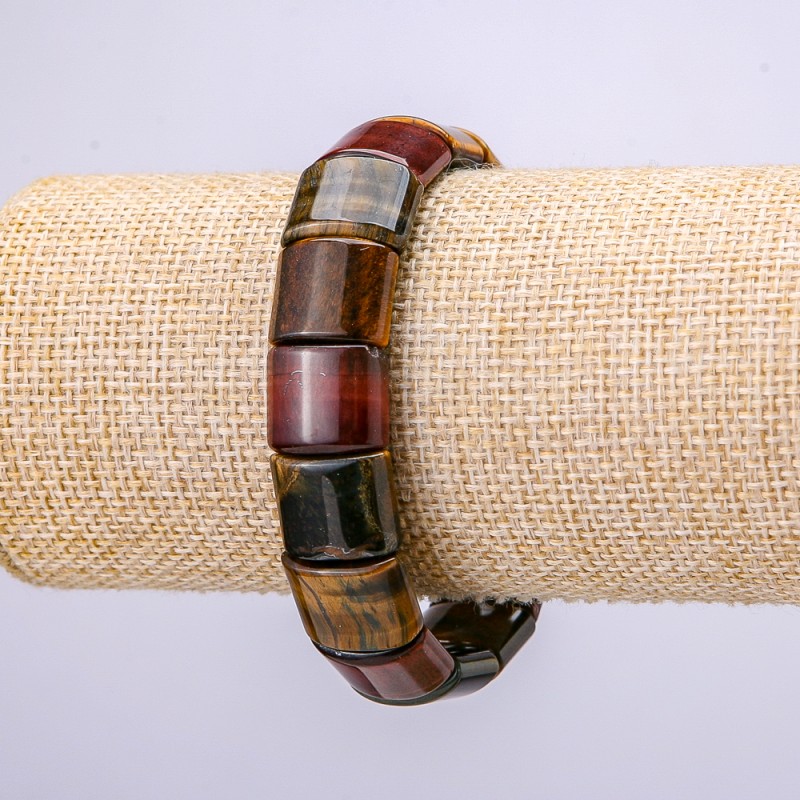 Bransoletka na gumce z kamieni: tygrysie oko, sokole oko i bycze oko, średnica 15×13 mm, obwód 18 cm