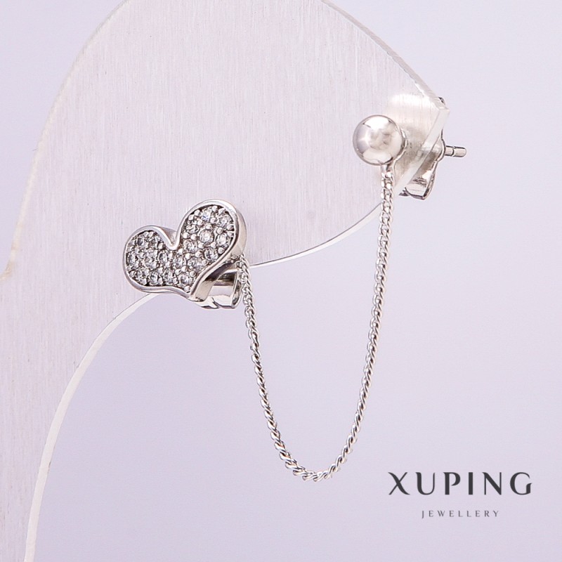 Kolczyk Xuping rhodiowany na jedno ucho w kształcie serca 11×7 mm z białymi cyrkoniami na łańcuszku, długość 44 mm, kuleczka 4 mm +