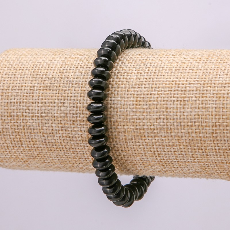 Bransoletka z czarnego agatu, naturalny kamień, gładkie rondelki, średnica 8×5 mm, długość 18 cm, elastyczna