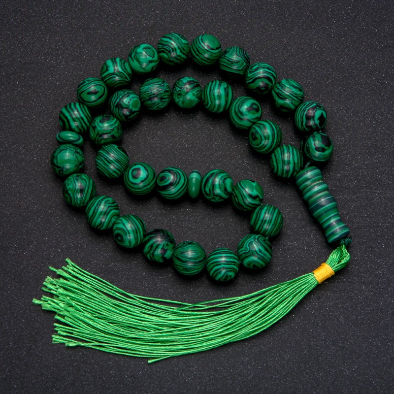 Mala z naturalnego malachitu, 33 koraliki, gładka kulka, średnica 12 mm +/-, wkładka malachitu