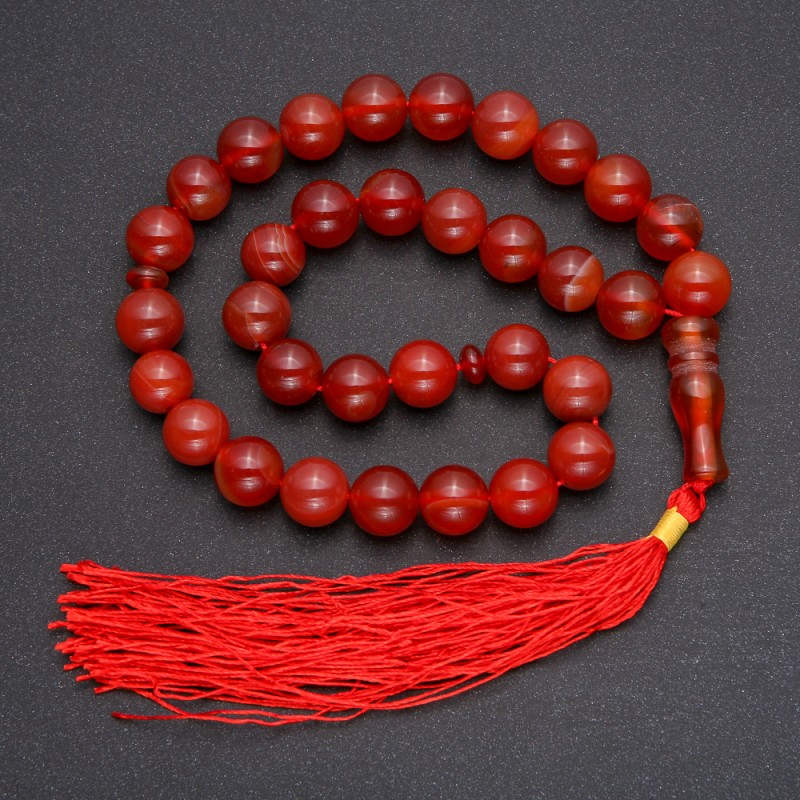 Chotki z naturalnego karneolu, 33 koraliki, gładka kuleczka, średnica około 12 mm, wstawka karneol