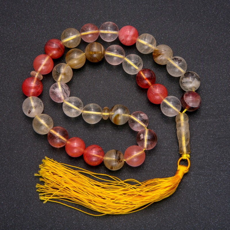 Mala z naturalnego chalcedonu – 33 koraliki, gładka kula, średnica około 12 mm, wkład chalcedonu