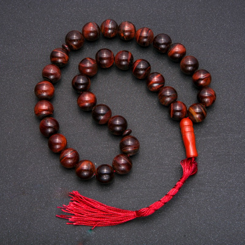 Mala z naturalnego kamienia Oko bycze, 33 koraliki, gładka kula, średnica 12 mm+