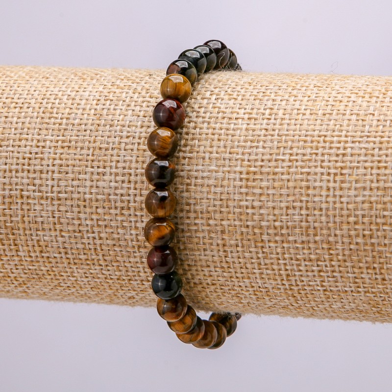 Bransoletka na gumce z naturalnych kamieni: tygrysie oko, bycze oko i sokole oko, obwód 18 cm, gładka kulka, średnica 6 mm +