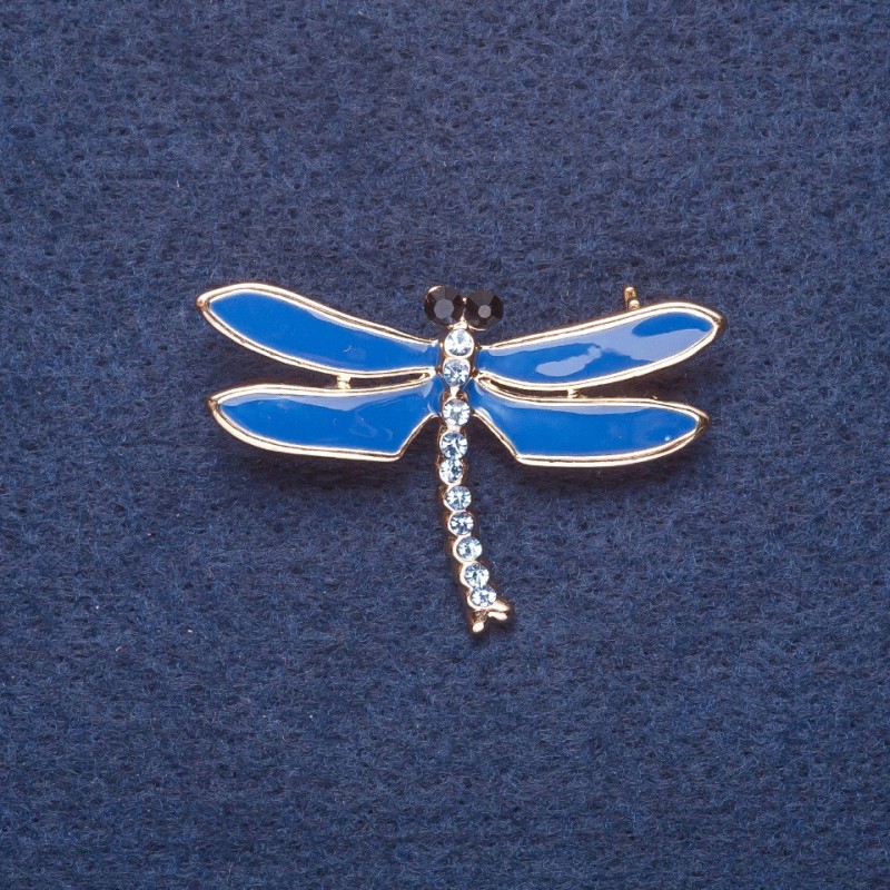 Broszka „ważka” niebieska emalia, kolor metalu złoto, 4×3 cm