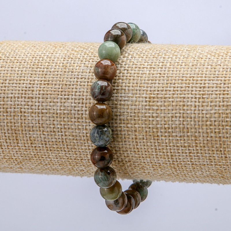 Bransoletka na gumce z naturalnego kamienia – zielony jaspis, gładka kulka, średnica 8 mm, obwód 18 cm