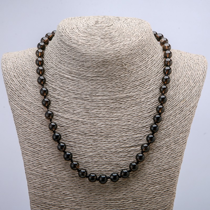 Naszyjnik z naturalnego topazu dymnego, gładka kulka, średnica 8 mm, długość 46 cm +