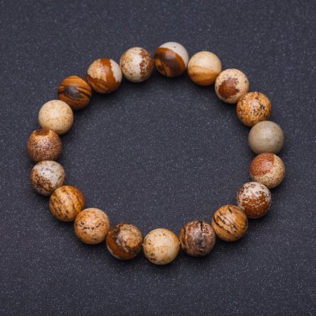 Bransoletka z naturalnego kamienia – pejzażowy jaspis, gładkie kuleczki na gumce, średnica 10 mm, obwód 18 cm