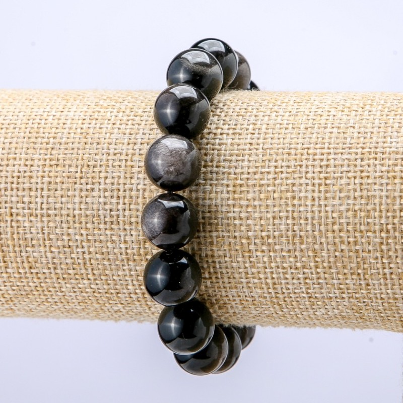 Bransoletka z naturalnego obsydianu, srebrzysta, gładkie kuleczki, średnica 12 mm, długość 18 cm +