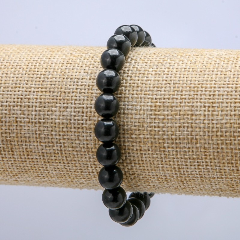 Bransoletka na gumce z naturalnym szungitem, gładkie kulki, średnica 8 mm, długość 18 cm +