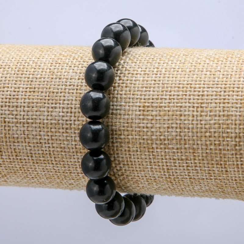 Bransoletka na gumce z naturalnym szungitem, gładka kulka, średnica 10 mm, długość 18 cm +