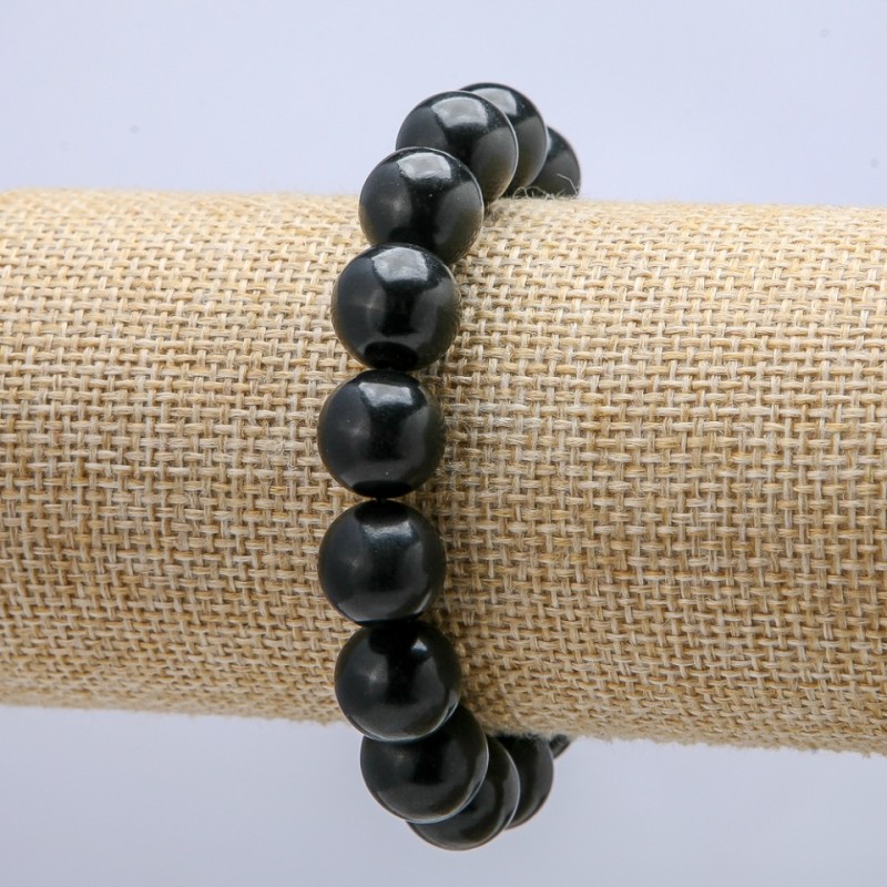 Bransoletka na gumce z naturalnego kamienia, gładkie kulki szungitu, średnica 12 mm, długość 18 cm +