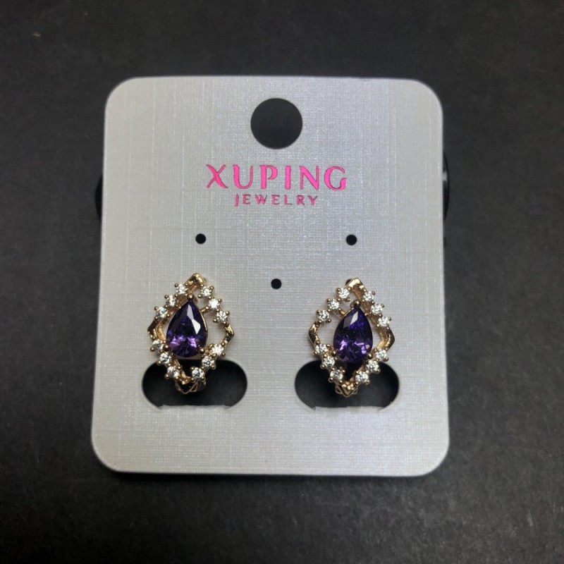 Kolczyki Xuping pozłacane 18K z fioletowym kryształem i białymi cyrkoniami 15×11 mm +