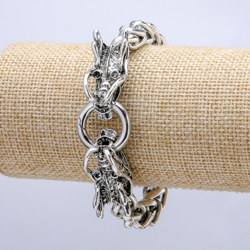 Bransoletka łańcuszkowa «Głowa Smoka» z metalu srebrzystego 12×27 mm, grubość 10 mm, długość 20 cm +