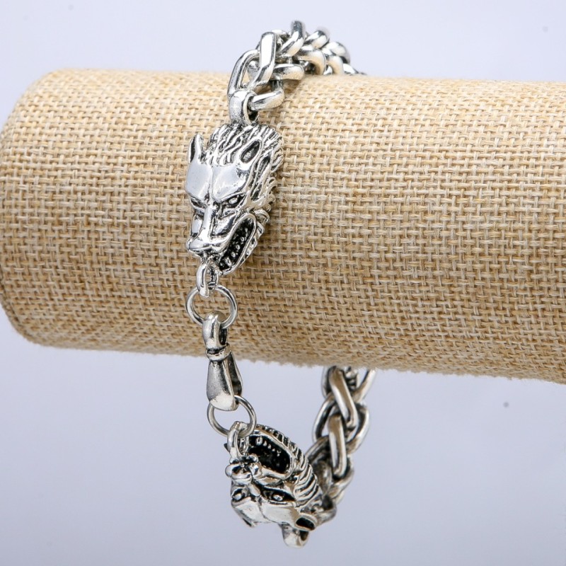 Bransoletka łańcuszkowa «Głowa Wilka» z metalu w kolorze srebra, 15×37 mm, grubość 8 mm, długość 20 cm +