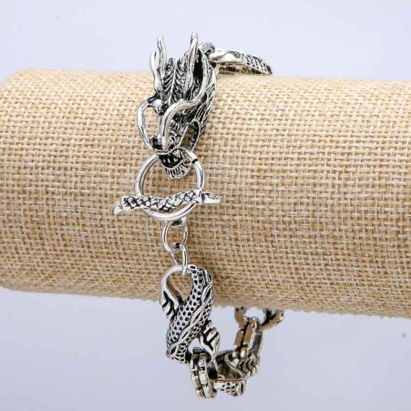 Bransoleta „Głowa Smoka” z srebrnego metalu 12×28 mm, grubość 8 mm, długość 20 cm +