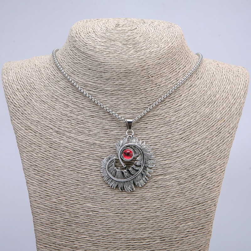 Wisiorek „Pióro z okiem smoka” 50×40 mm na łańcuszku, długość 70 cm +/- srebrny metal