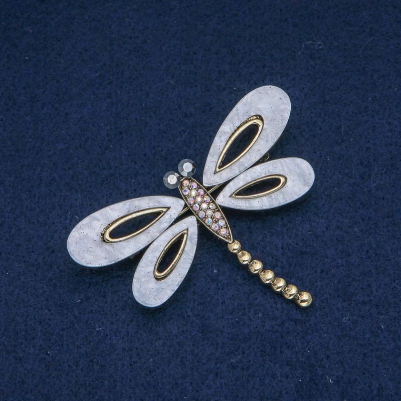 Broszka „Motyl” z białym perłowym połyskiem, białymi odcieniami benzynowymi i szarymi cyrkoniami, srebrzysty metal 62×45 mm +