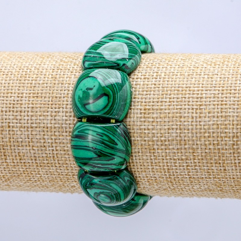Bransoletka na gumce z malachitu (gładkie ogniwa) 21×17 mm+