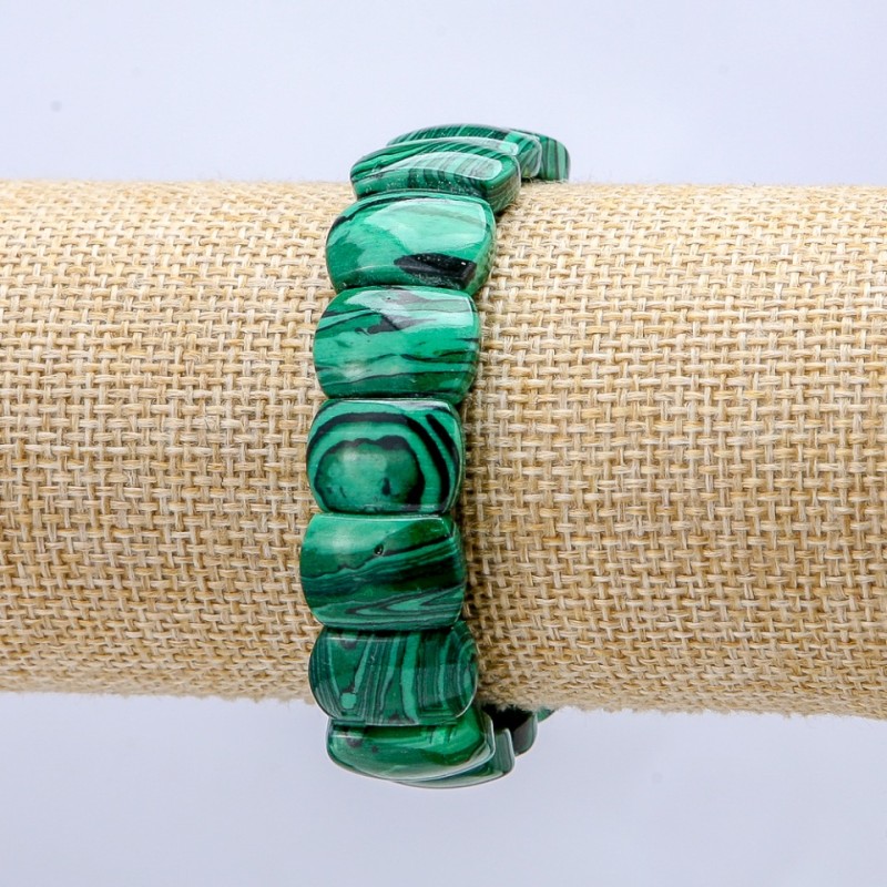 Bransoletka z malachitu na gumce (prasowany) gładkie ogniwa 16×11 mm+