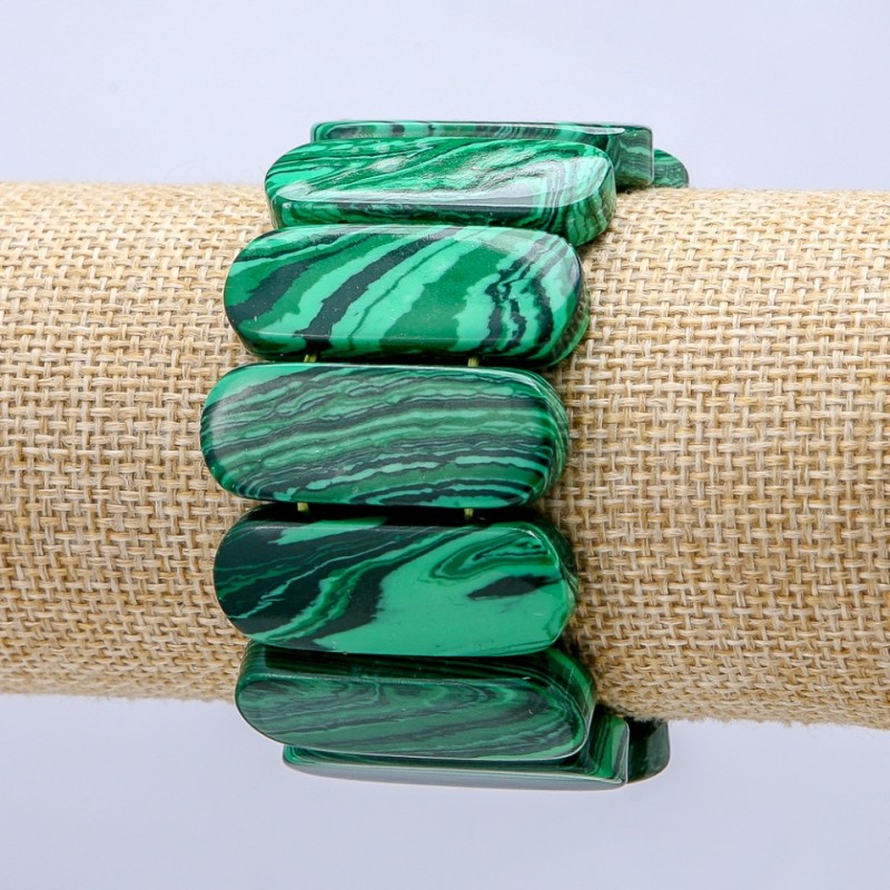 Bransoletka na elastycznej gumce z malachitu (prasowany) – gładkie ogniwo 35×13 mm+