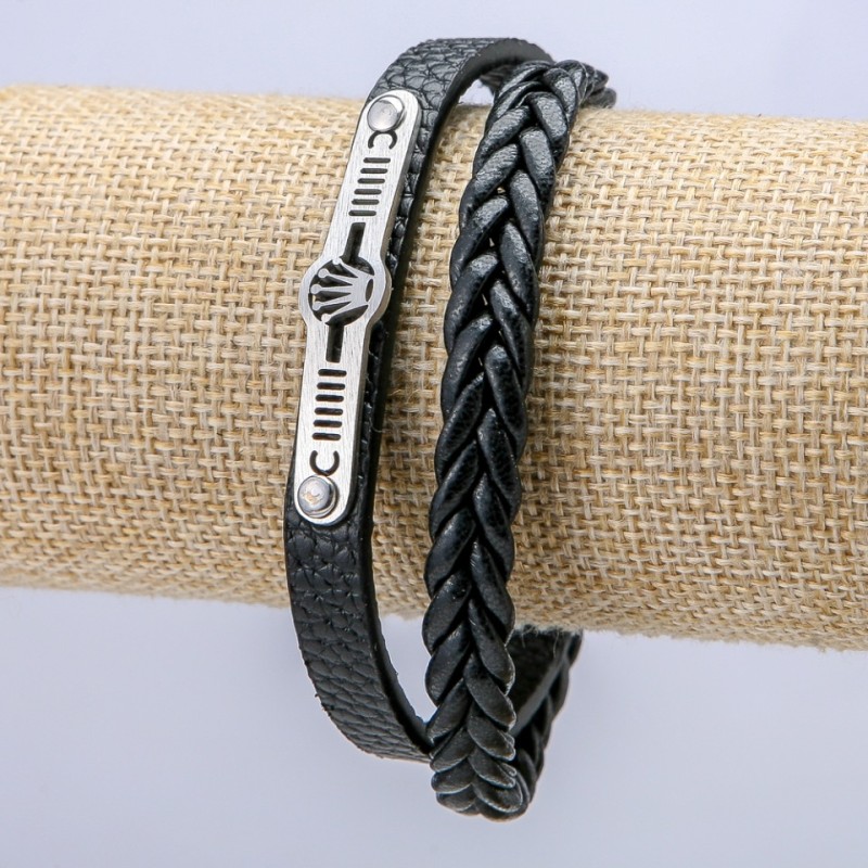 Bransoleta męska z czarnej ekoskóry, grubość 8,5 mm, srebrne wstawki, długość 21 cm