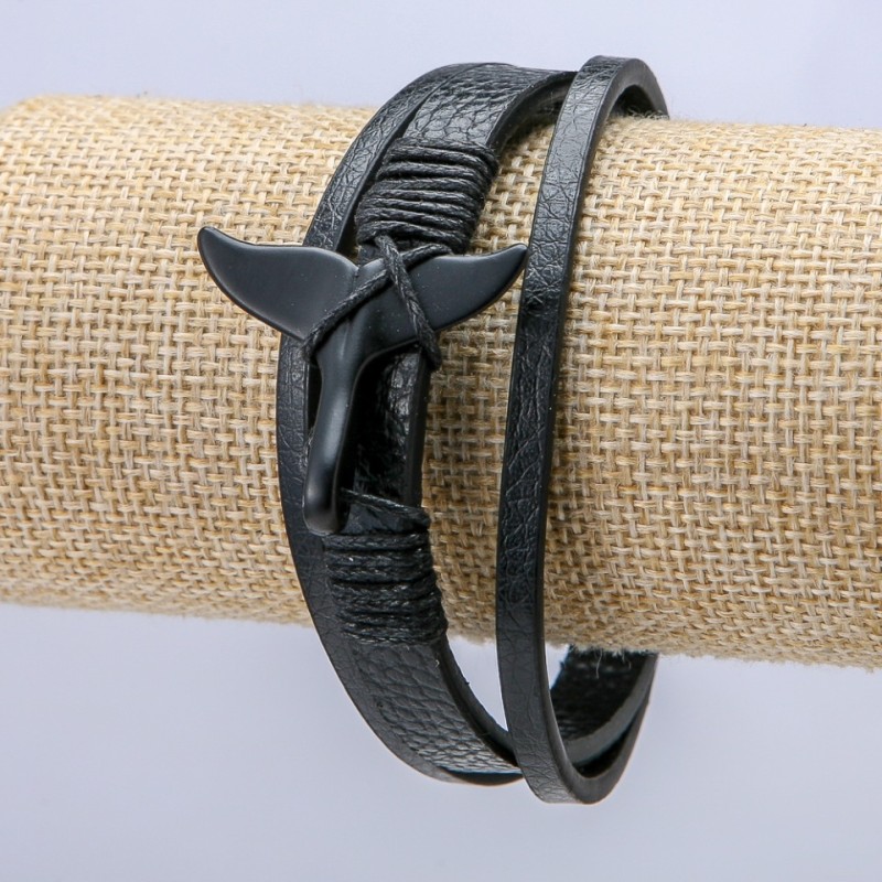 Bransoletka męska «Ogonek» z czarnej ekoskóry, grubość 9 mm, czarne wstawki, długość 22 cm